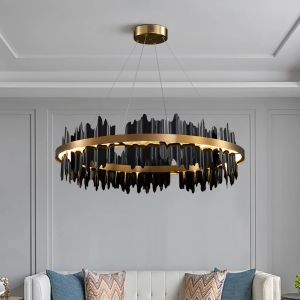 Nieuwe moderne creatieve cirkel led kroonluchter met afstandsbediening zwart/goudhangende lamp voor woonkamer lobby hotel verlichtingsarmaturen