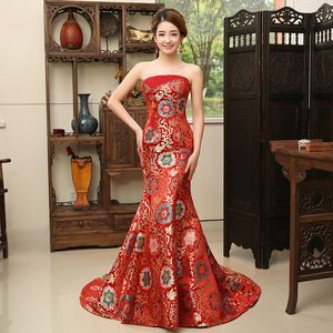 Nieuwe Moderne Sexy Party Dreses Long Cheongsam Chinese Stijl Avond Bruiloft Qipao Rode Traditionele Trailing Stijl Cheongsam Robe