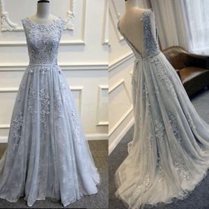 Nieuwe bescheiden full lace elie saab jurken avondkleding pure nek appliques open rug een lijn sweep trein lichtblauwe prom feestjurken