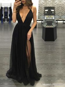 Nouveau Modeste Haute Couture Noir Sexy Robes De Bal Col En V Profond Dos Nu Côté Split Dos Nu Robes De Tulle Tenue De Soirée Robes De Tapis Rouge