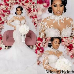 NOUVEAU! Robes De Mariée Sirène Modestes Manches Longues Robe De Mariée Cristaux Perlés Col Haut Dentelle Applique Balayage Train Sur Mesure Africain Plus La Taille Robe De Novia