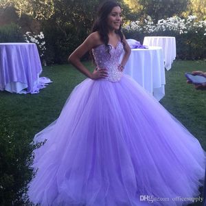 Nieuwe bescheiden sprankelende lavendel prom quinceanera masquerade sweetheart open terug bling crystal prinses optheant jurken voor zoet