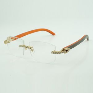 Nuevas gafas de madera con diamantes de moissanita 3524015 masculinas y femeninas con patas de madera de color naranja y lentes transparentes tamaño: 57-18-140 mm