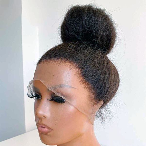 Perruque Lace Front Wig mongole synthétique, cheveux naturels crépus lisses HD Transparent Yaki, perruque Lace Frontal Wig lisse pour femmes, nouvelle collection