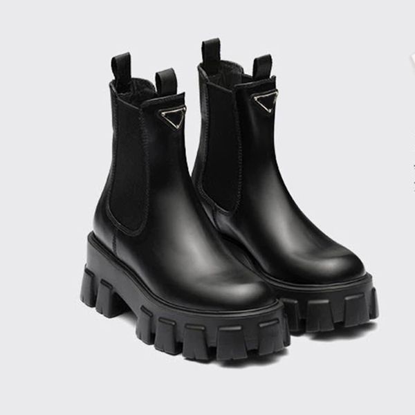 Nuevo Monolith Polish Tobillo de cuero Chelsea Boots Plataforma Cuñas Slip-on Round Toe Block Heels Botines planos Diseñador de lujo para mujer Calzado de fábrica Size35-41