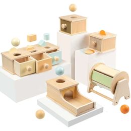 Nueva bola de moneda Montessori, juguete para bebé, objeto de madera de permanencia, caja de cajón de tambor giratorio de Color Aroon, juguetes educativos para niños