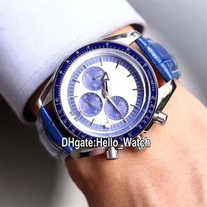 Nouveau Moonwatch Master 311 33 40 30 02 001 Montre chronographe à quartz pour homme Cadran blanc Sous-cadran bleu Boîtier en acier Montres en cuir bleu Hel286e