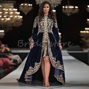 Nieuwe Marokkaanse kaftan avondjurken lange mouw kanten appliques moslim Arabisch formele prom jurk 2020 fluweel hoog low dubai abaya avond 281n