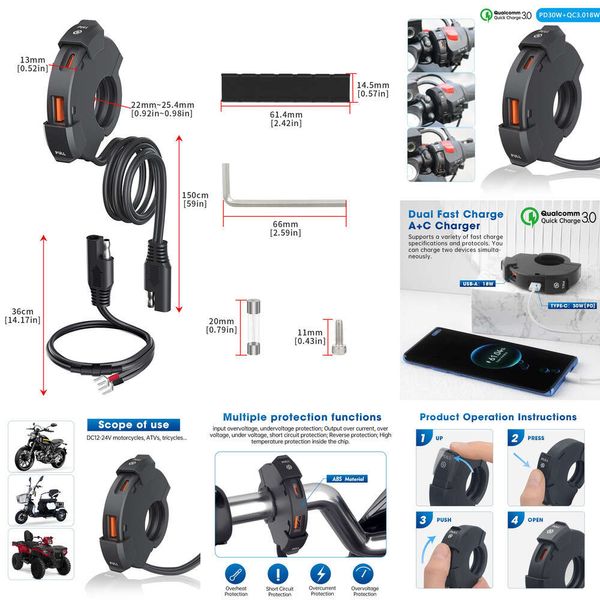 Nouveau chargeur de moto Mostar New Motorcycle 12V-24V Bracket de montage de guidon à chargement rapide 48W Adaptateur d'alimentation USB C