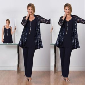 Nieuwe moeder uit bruid jurken broek pakken marine blauwe lange mouwen chiffon plus size drie stukken aangepaste bruiloft gast avondjurken met jas