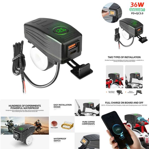 Nuevo cargador de motocicletas PD+QC3.0 38W impermeable 12v USB Moto Hanebar/espejo trasero Doble de carga rápida de carga rápida con voltímetro