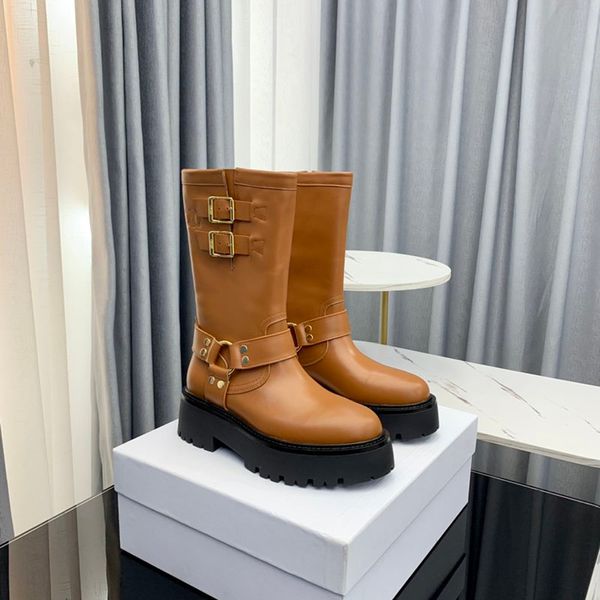 Nouvelles bottines au genou de moto Escarpins à bout rond talons designer de luxe pour femmes Bottillons de mode Semelle en cuir de vache tanné végétal Chaussures d'usine Taille 35-40