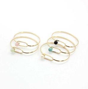 Nieuwe Multicolor Natural Stone Beads Copper Bangle Persoonlijkheid Ovale Manchet Armbanden Armbanden voor Vrouwen Q0719