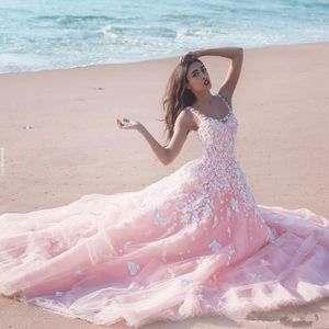 Nieuwe Appliqué Tule Ronde Hals Mouwloos Kant Lange Bruidsjurk Dubai Arabische Prinses 3D Bloemen Bloem Roze A-lijn Trouwjurken
