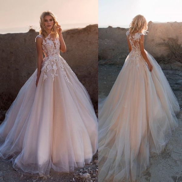 2020 nuevos vestidos de novia bohemios de encaje una línea con apliques joya vestido de novia de playa barato Boho tallas grandes vestidos de novia de jardín Robe 816