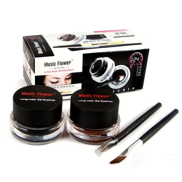 Music Flower 2 en 1 Brown + Black Gel Eyeliner Make Up Ensemble de cosmétiques imperméables et anti-taches Kit Eye-Liner