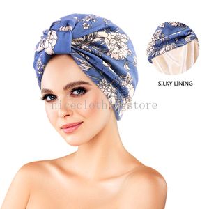 Nieuwe moslimvrouwen satijnen voering tulband bloemen bedrukte motorkap headwrap chemo cap verlies bandana hijab turbante hoed haaraccessoires