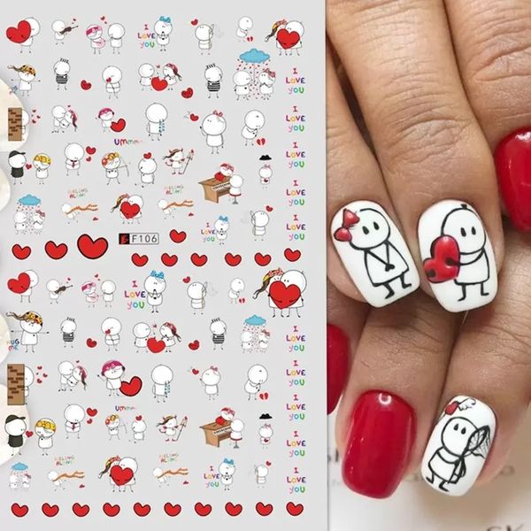 Nueva etiqueta engomada del clavo Día de San Valentín Dibujos animados en 3D corazones de amor Carta de Navidad diseño de moda Pegamento trasero decorativo pasta de uñas Calcomanías Manicura DIY Fash mujer regalos 16 estilos