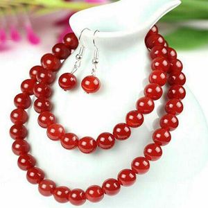 NOUVEAU NATUREL 12 mm Collier de perles rond de pierres précieuses rouges de 12 mm 36 '' ensemble de boucles d'oreille