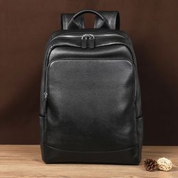 Nueva mochila para hombre de cuero genuino 100% de mezclilla Natural, mochila de cuero para ordenador portátil de gran capacidad a la moda para niños 240202