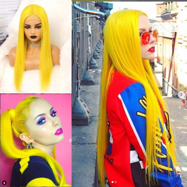 Nouvelles perruques synthétiques jaunes longues naturelles colorées 13x4 perruque frontale en dentelle brésilienne pré-plumée pour les femmes noires/blanches