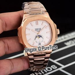 Nieuwe Nautilus Jaarlijkse kalender Moonphase 5726 Automatische heren Watch 18K Rose Gold White Texture Dial Stainless Steel Bracelet Puretime E88G7