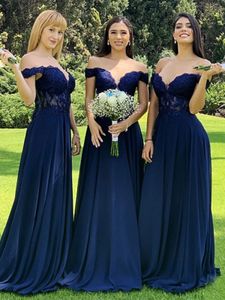 nieuwe marineblauw kant chiffon bruidsmeisjekleding een lijn off-shoulder kralen applicaties top prom jurken formele afstuderen avondjurken