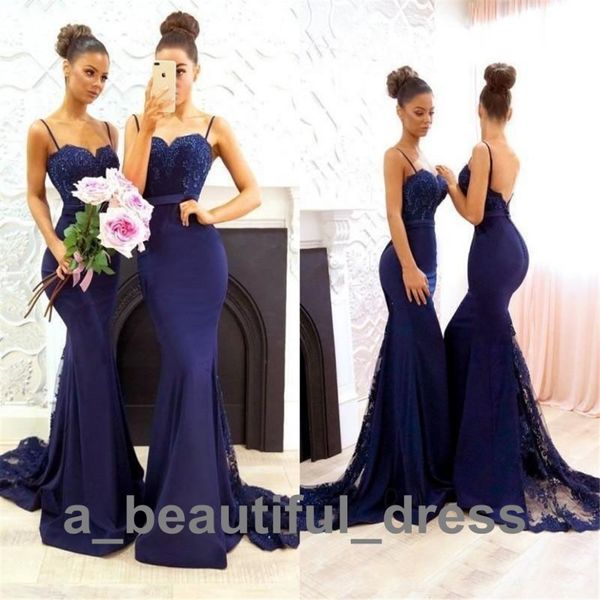 Nuevos vestidos de dama de honor simples azul marino Apliques de encaje moderno de la sirena de la fiesta de graduación de la fiesta de la fiesta de la fiesta largas vestidos de dama bd8888 285r