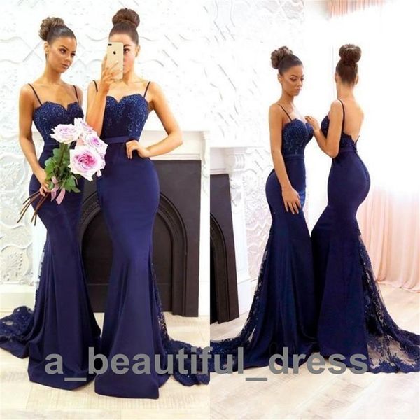 Nuevos vestidos de dama de honor simples de color azul marino, apliques de encaje de novia modernos, vestido de fiesta de graduación de sirena, vestidos largos de dama de Honor BD297n