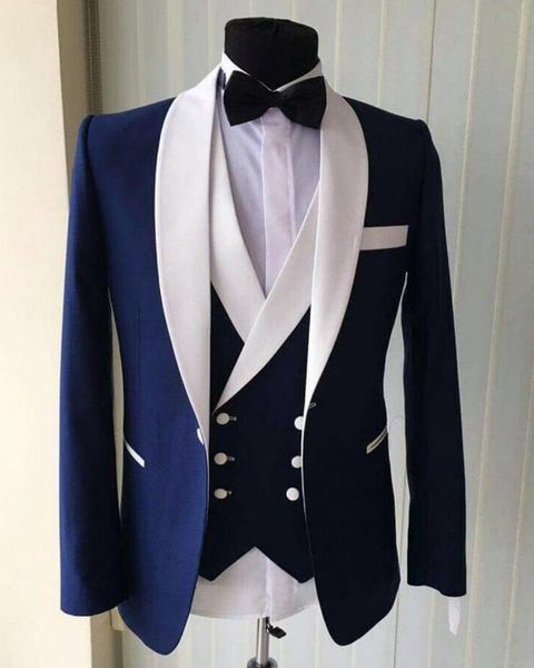 New Navy Men Wedding Suits 2019 Groomsmen White Shawl Lapel Groom Tuxedos Mens Tuxedo Wedding / Prom Suits 3 Pieces (Veste + Pantalon + Gilet + Arc)