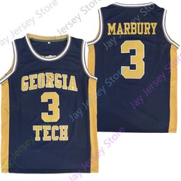 New NCAA College Jersey Georgia Tech Jaune Vestes Basketball 3 Stephon Marbury Marine Taille Jeunesse Adulte