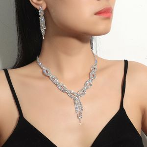 Nieuwe ketting oorbel set geweven strass kraag ketting bruidsornamentketting met diamanten banketsetketting