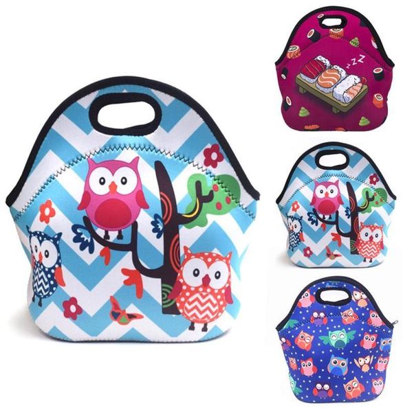 NUEVA bolso de almuerzo de neoprene para mujeres bolsitas de almuerzo de patrón de búho con bocadillos de picnic de bolsillo de vajilla para mujeres niños C01254623078