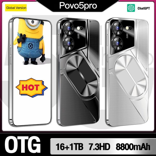 Nouveau nouveau 2024 POVO5PRO SMART Global English Téléphone 7,3 pouces Écran 8800 MAH Grande Batterie Prise en charge Double Téléphone Carte Android 13 Prise en charge OTG 72MP + 108M