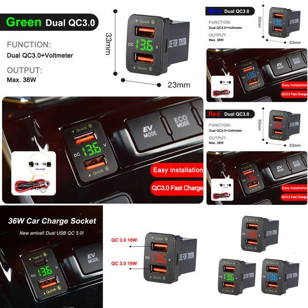 NOUVEAU nouveau chargeur de douille USB Dual QC3.0 36W avec adaptateur d'alimentation de sortie de voltmètre LED Toyota pour 12-24V Car Marine Truck RV ATV