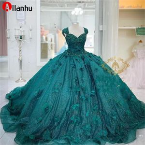 NIEUWE Nieuwe 3D Bloemen Baljurk Quinceanera Jurken Teal Green Prom Afstuderen Toga Lace Up Corset Prinses Sweet 15 16 Jurk vesti231w