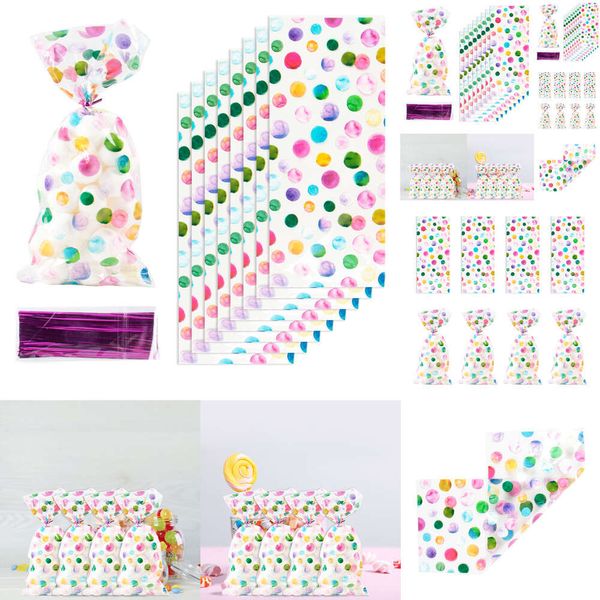 Nuevo Nuevo 50 Uds. Bolsa de galletas de caramelo de celofán de lunares de colores arcoíris para boda, paquete de galletas de Chocolate, bolsas, regalos de cumpleaños para Baby