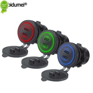 Nouveau nouveau chargeur de voiture double prise PD type-c 12-24V Charge rapide avec LED 3 couleurs lumière adaptateurs étanches pour voiture bateau RV Charge rapide