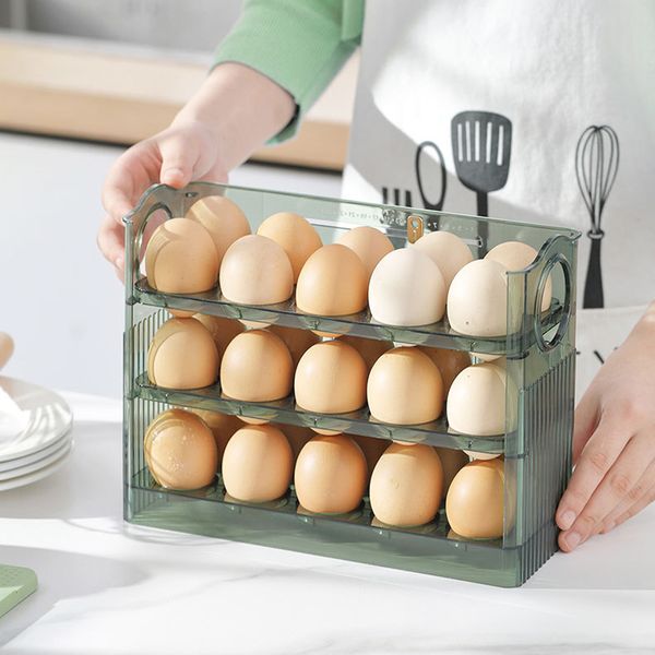 Organizador de cajas de almacenamiento de huevos Refrigerador de refrigerador Puerta lateral Magia doméstica de tres capas Automática de huevo de tres capas de huevo
