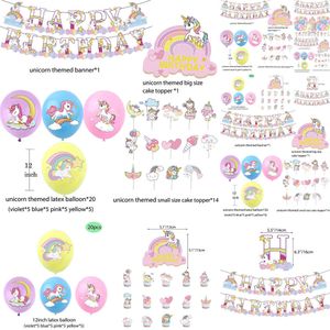 Nouveau Nouveau ensemble arc-en-ciel motif licorne bannière heureuse ballons en Latex Kit de décoration de gâteau pour fille fournitures d'anniversaire