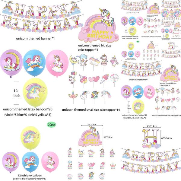 Nouveau Nouveau ensemble arc-en-ciel motif licorne bannière heureuse ballons en Latex Kit de décoration de gâteau pour fille fournitures d'anniversaire