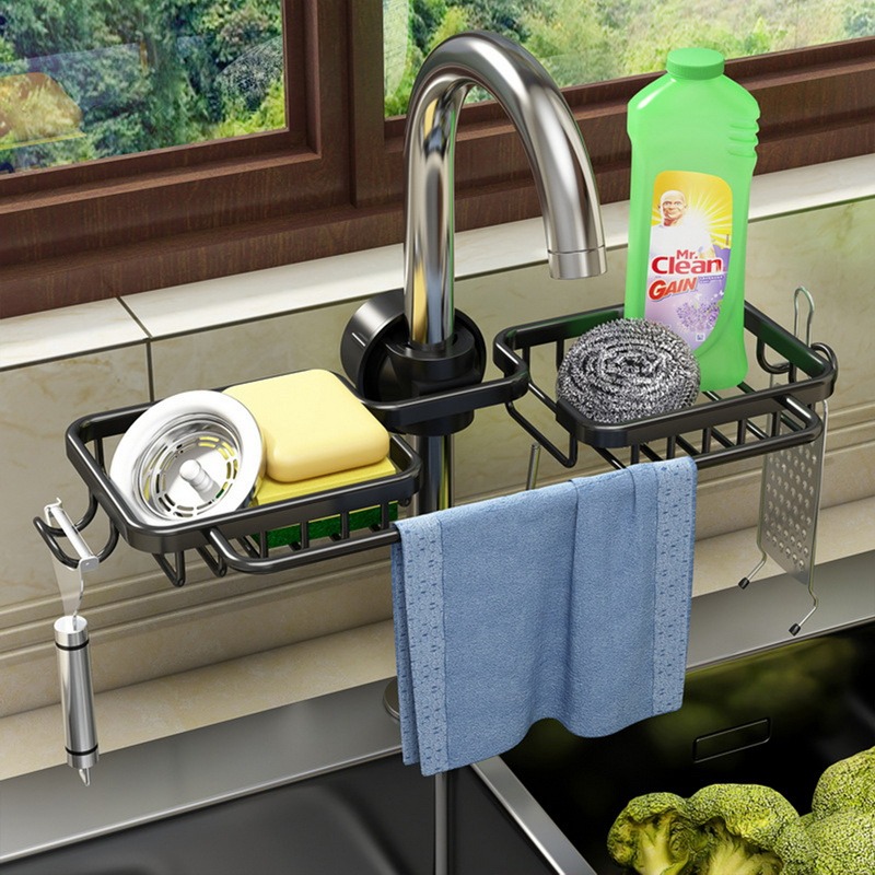 Évier de cuisine égouttoir éponge stockage support de robinet espace aluminium égouttoir à savon étagère panier organisateur salle de bain accessoires