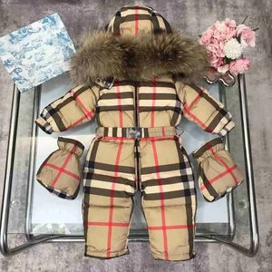 Nieuwe pasgeboren baby down jumpsuit geruite printing kinderen winterkleding maat 75-110 jongen en meisje overjas warme handschoenen ontwerper babykleding