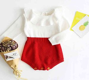 Nieuwe pasgeboren babymeisjes wol wol lange mouw bodysuit romper patchwork jumpsuit outfit kleding lente herfst G220521