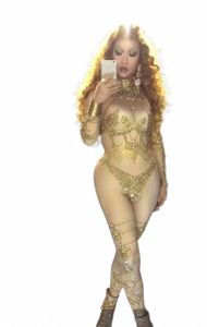 Nouvelle discothèque Bright Sexy BodySuit Scène costumes féminins Dancer Prom Show Gold Crystal Jumps Costume Costume Performance 85JB #