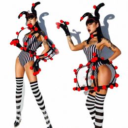 Nieuwe Nachtclub Gogo Dans Kostuum Clown Gestreepte Romper Zanger Stadium Slijtage Rave Outfit Drag Queen Kleding Festival Kleding Set w28z #