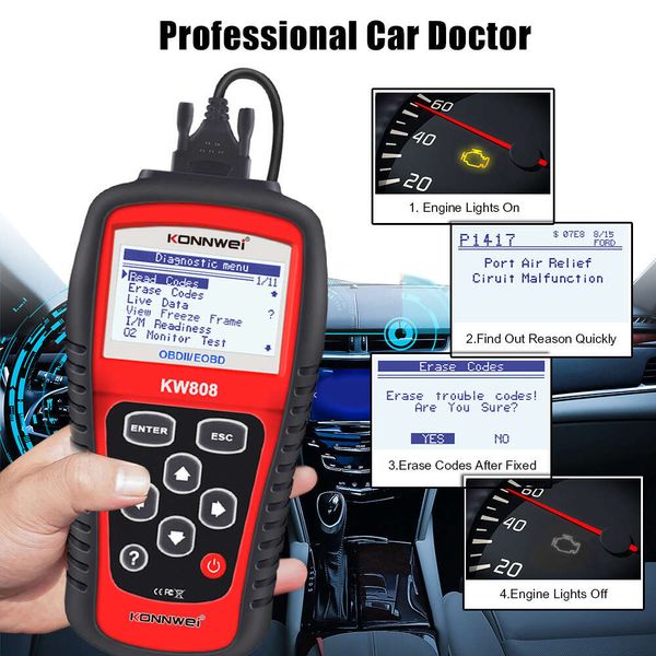 Nouveau Scanner Obd2 Konnwei Kw808 outil de Diagnostic automobile Obd 2 Scanner automatique moteur lecteur de Code Support Can J1850