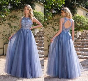 NIEUWE Oceaanblauw Holle Backless Prom Jurken Een Lijn Applicaties Sheer Jewel Hals Tule Lange Avondjurken Met Applicaties CPS3039