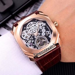 Nieuwe octo Finissimo Tourbillon 102719 BGO40PLTBxtsk Skeleton Automatische heren Watch Rose Gold Case Bruin Lederen Riem nieuwe horloges TI2015