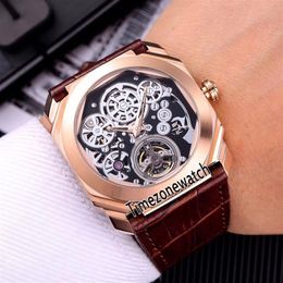 Nieuwe octo Finissimo Tourbillon 102719 BGO40PLTBxtsk Skeleton Automatische heren Watch Rose Gold Case Bruin Lederen Riem nieuwe horloges TI2549